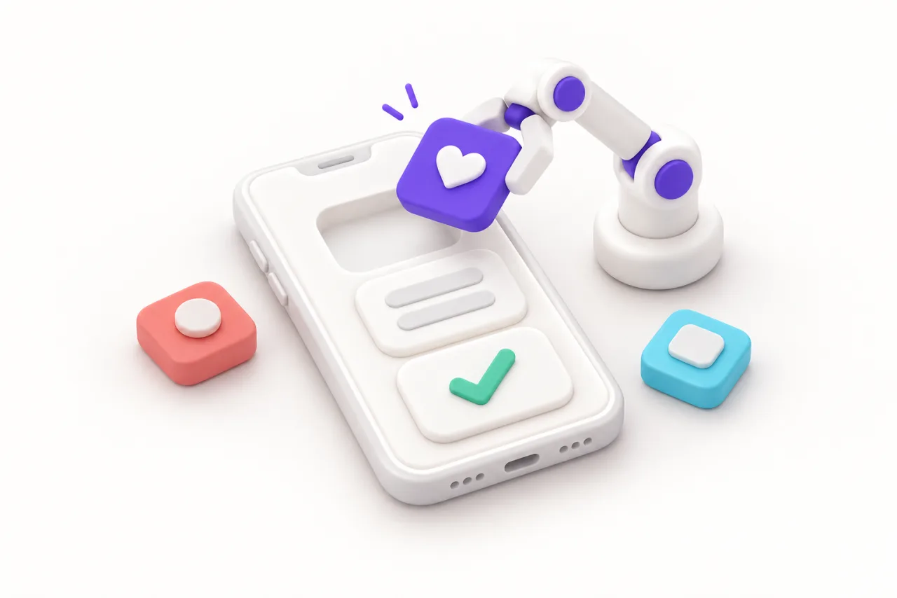A small white robotic arm places a purple heart tile into a matching recess in a toy phone, beside fitted list and checkmark tiles.