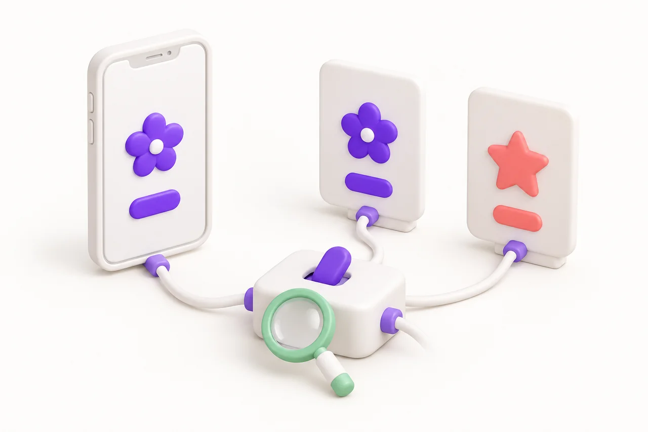 A white toy phone and two small screen cards connect to a purple toggle box through curved cords, beside a mint-rimmed magnifying glass.
