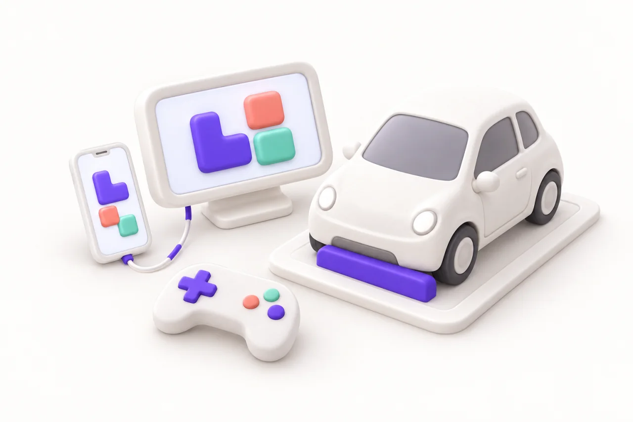 A white toy car rests behind a purple wheel stop beside a phone, a larger puzzle-game screen, and a small controller.