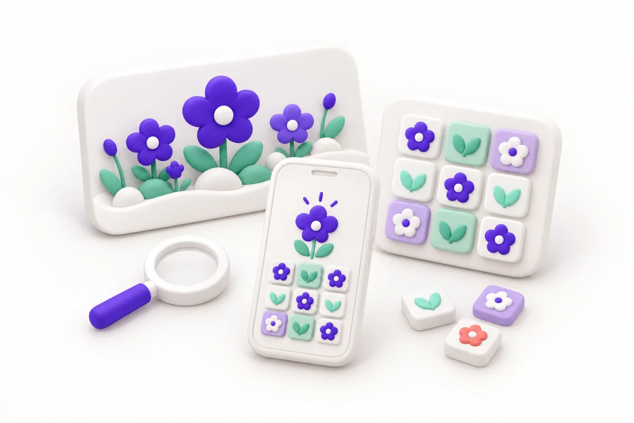 White display tiles and a small phone show a purple flower garden and matching flower puzzles, beside a magnifying glass.