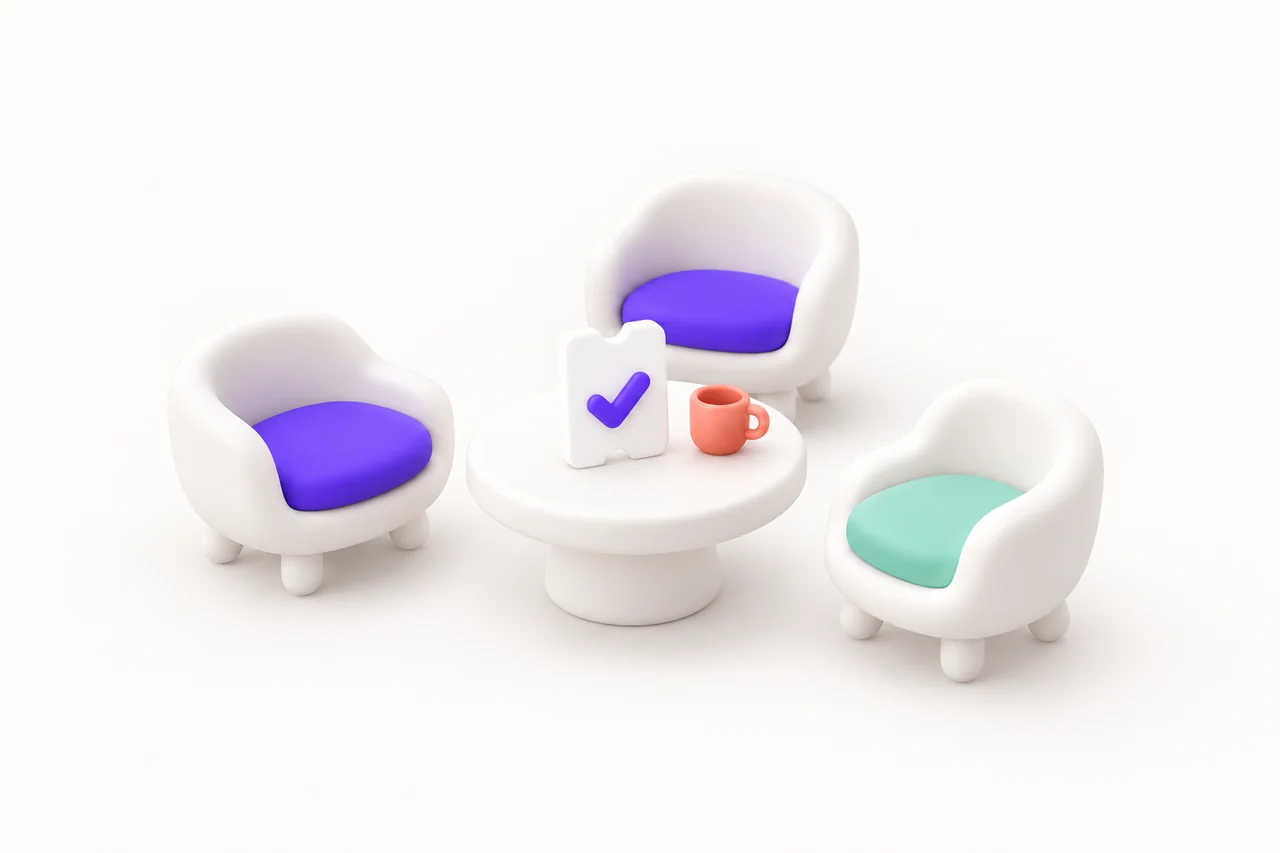 Three rounded white chairs with purple and mint cushions surround a white table holding a ticket with a purple checkmark and a coral cup.