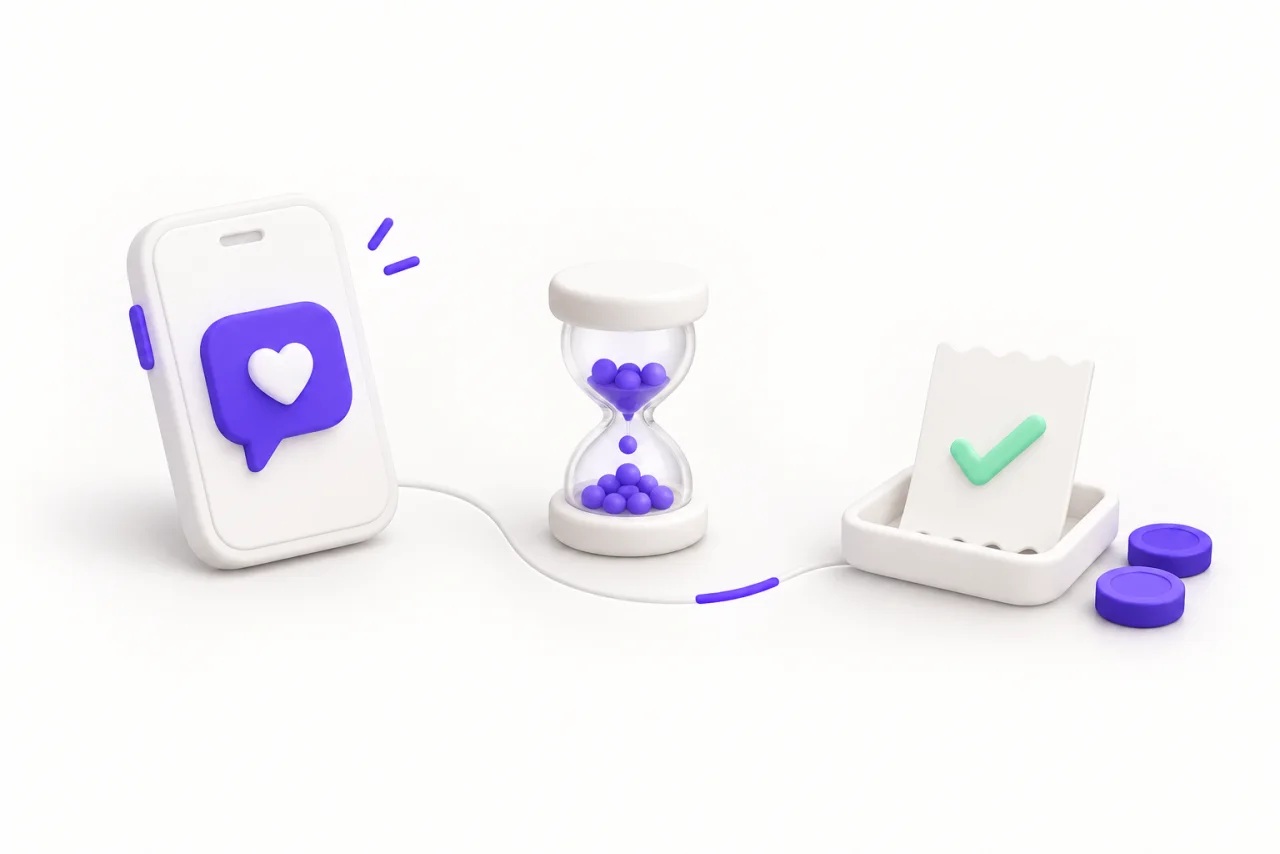 A white phone displays a purple message with a heart, beside an hourglass of purple beads and a receipt with a mint checkmark.
