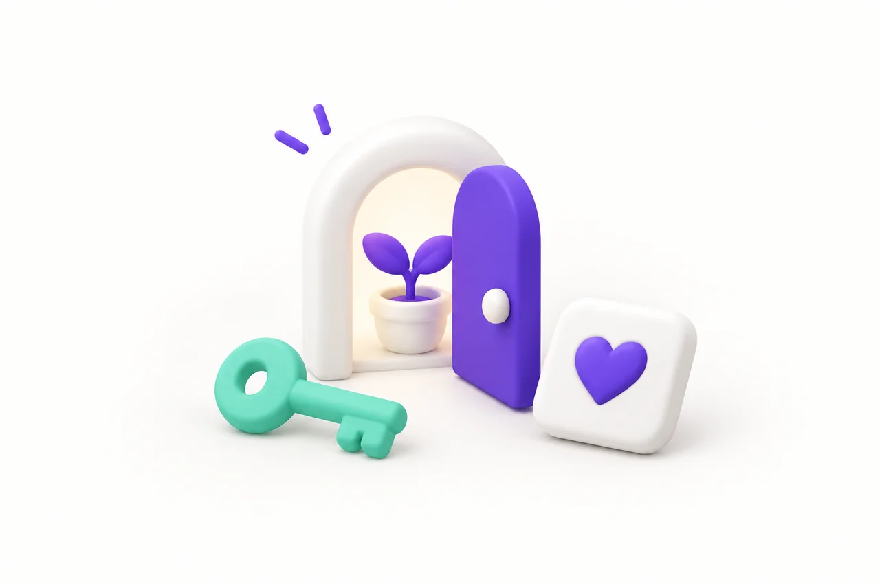 A mint key rests beside a white app tile with a purple heart and a small open purple door revealing a potted purple sprout.