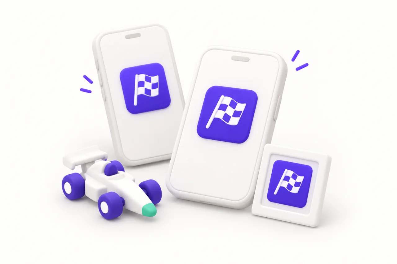 Two white toy phones and a picture tile display matching purple checkered flags, beside a small white race car with purple wheels and a mint nose.