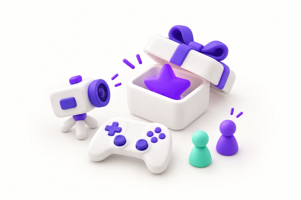 A white toy camera points toward an open white gift box with a purple star, beside a white game controller and two mint and purple pawns.