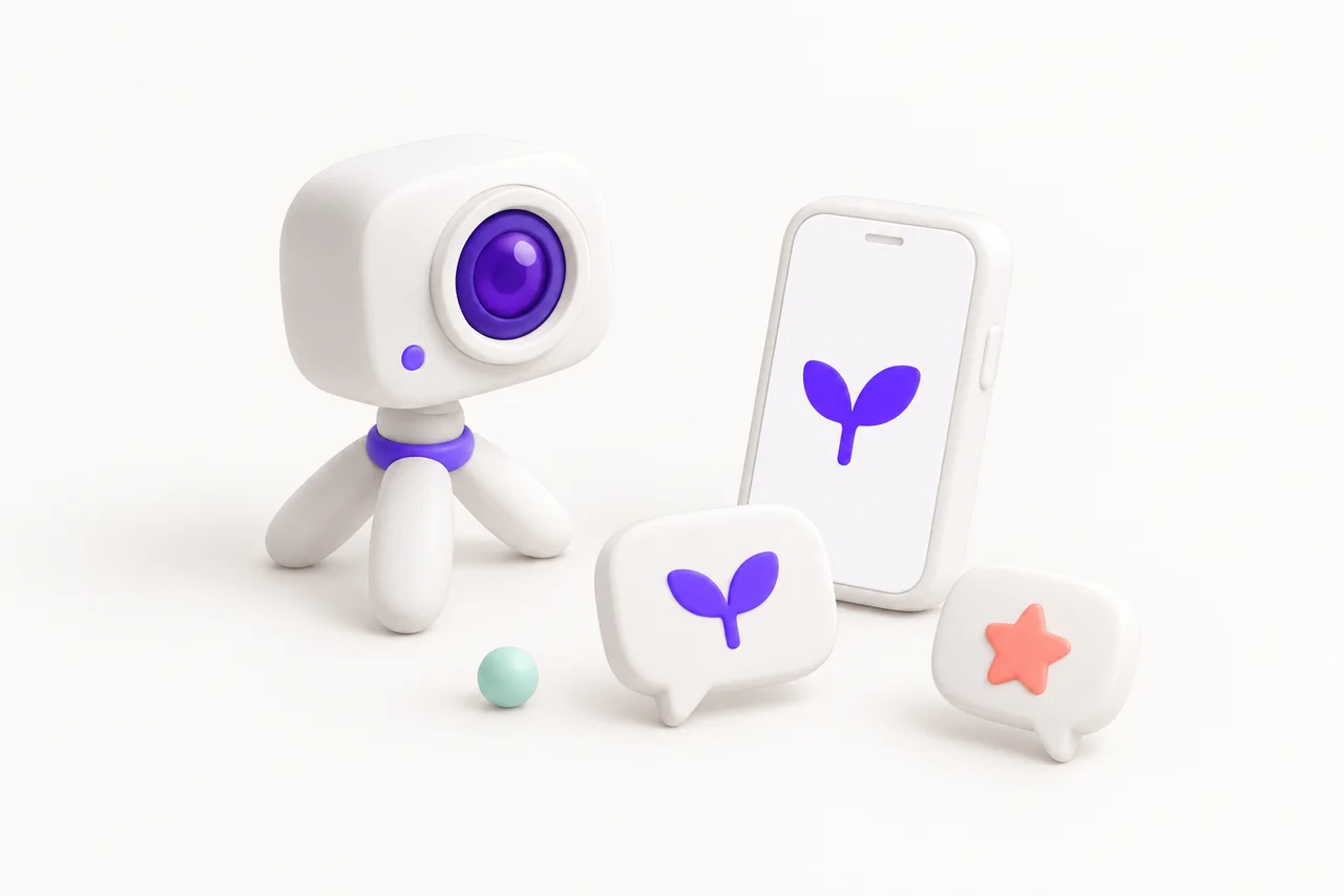 A white toy video camera stands beside a phone and speech bubble with matching purple sprouts; another speech bubble carries a coral star.