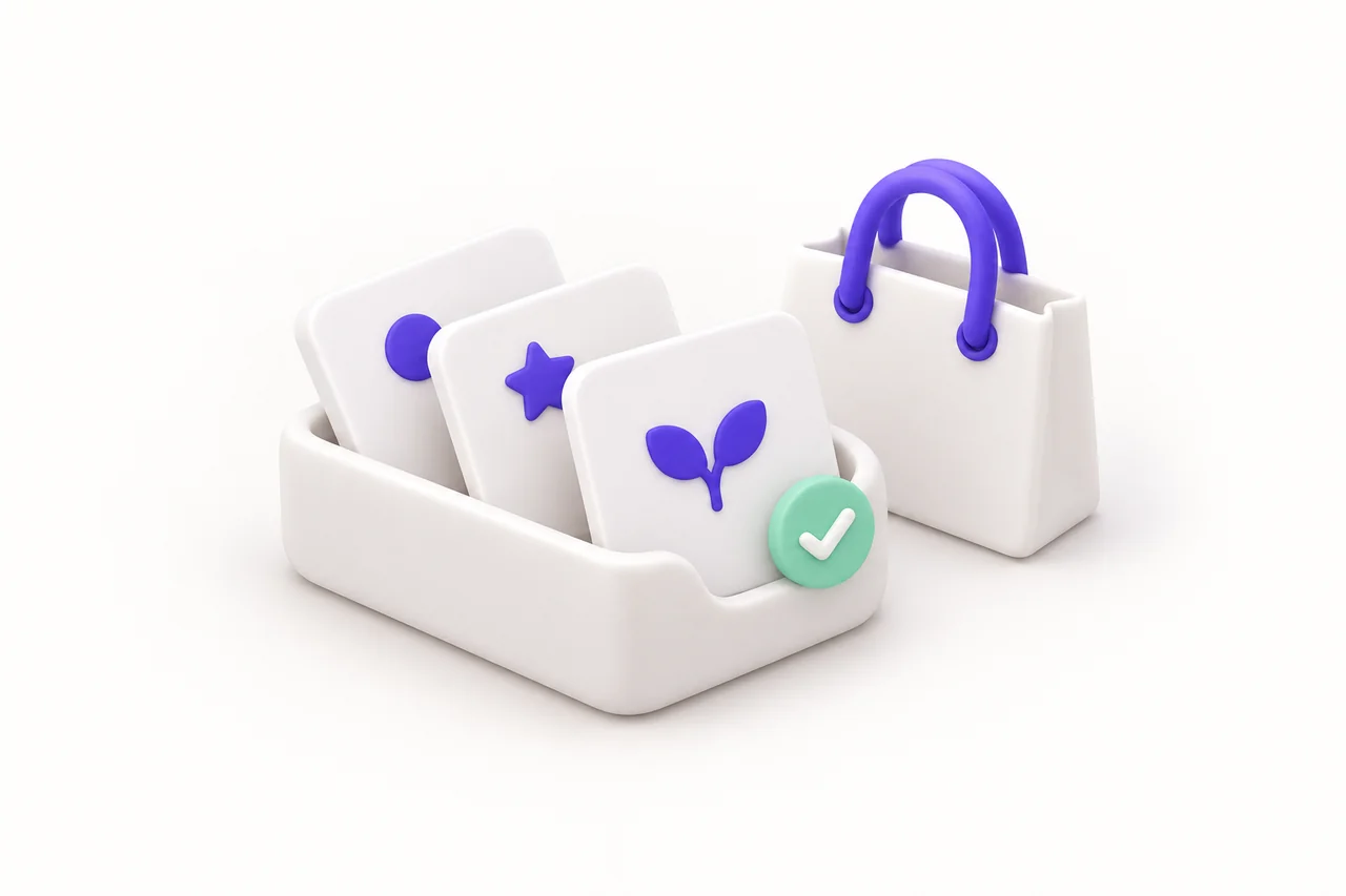 A white holder carries cards with purple circle, star and leaf symbols, beside a mint checkmark and a white shopping bag with purple handles.