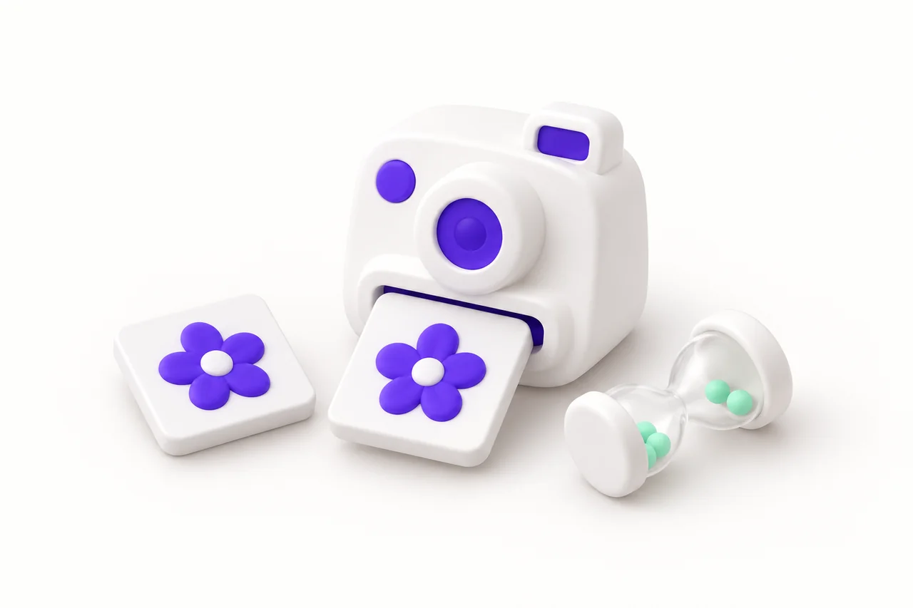 A white toy instant camera releases a picture tile with a purple flower, beside another flower tile and a small hourglass resting on its side.