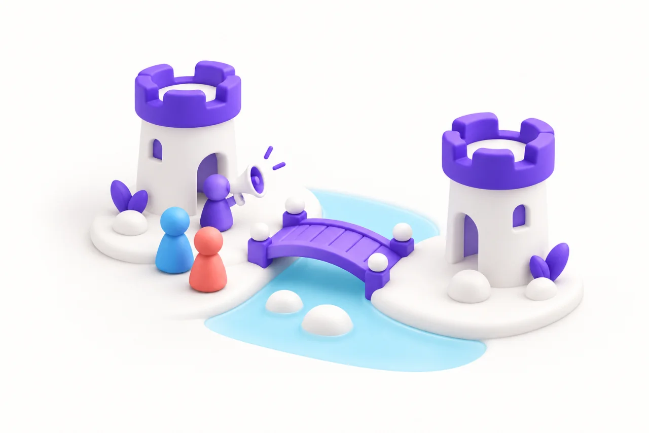 Two white toy castle towers connect through a purple bridge, with colorful game pawns and a tiny megaphone nearby.