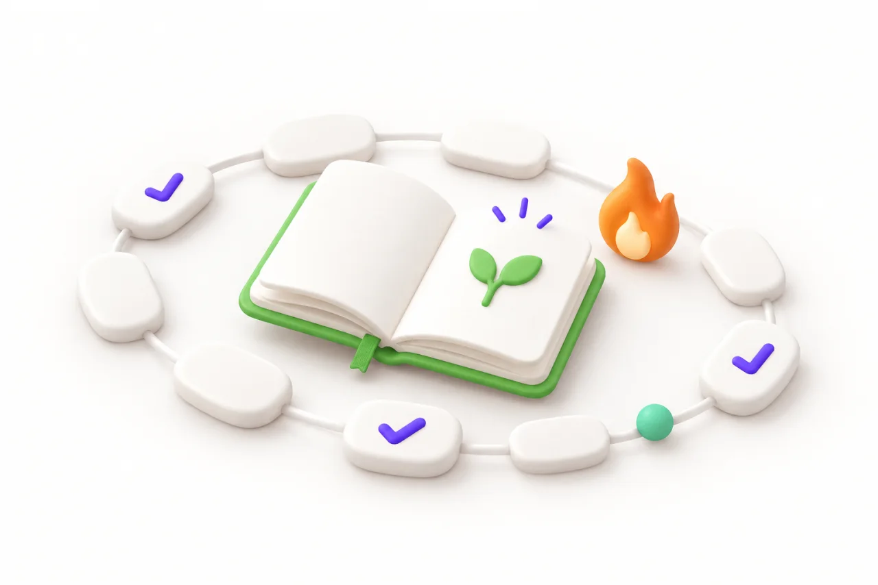 A white book with green details sits inside a loop of rounded checkmark tiles beside a small orange flame.