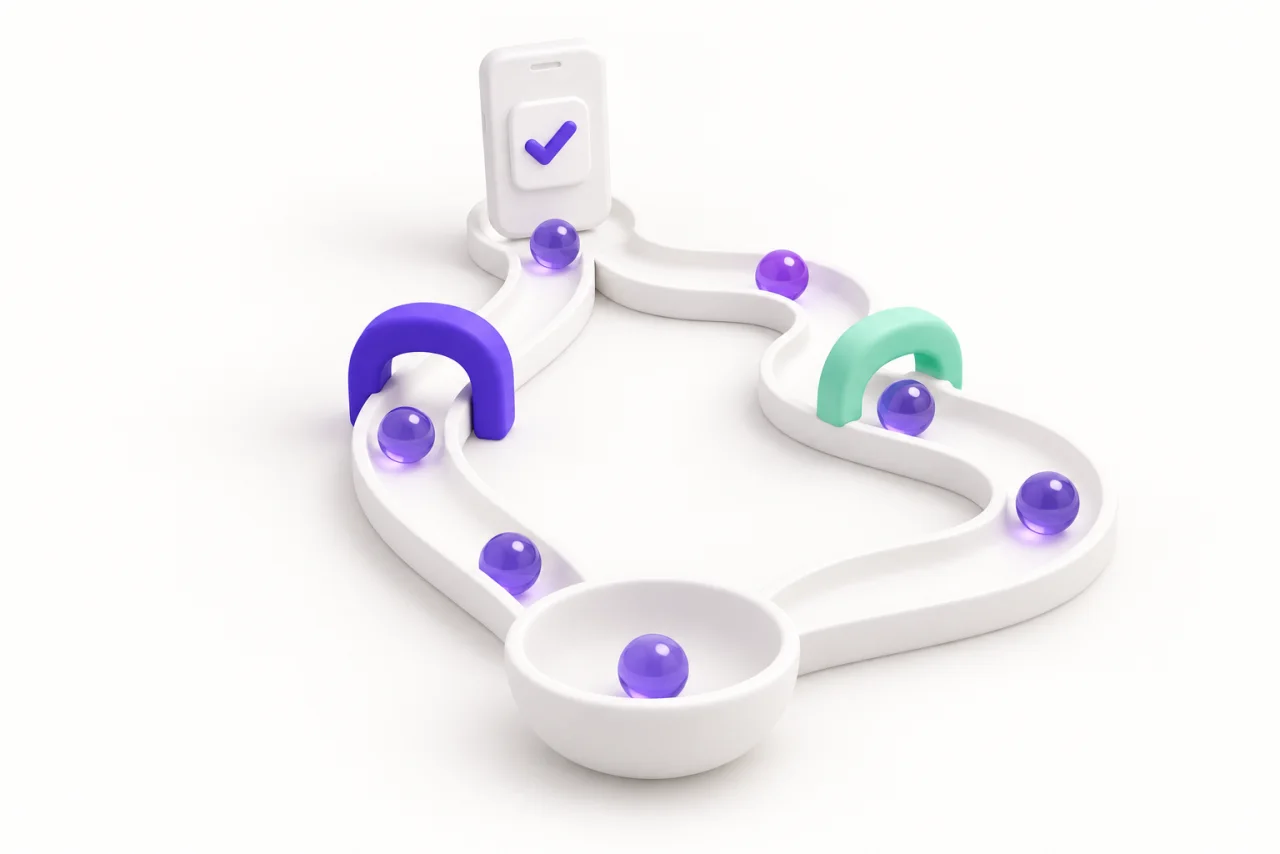 A white phone feeds two curved marble tracks through purple and mint arches into one small bowl, with purple glass marbles along both routes.