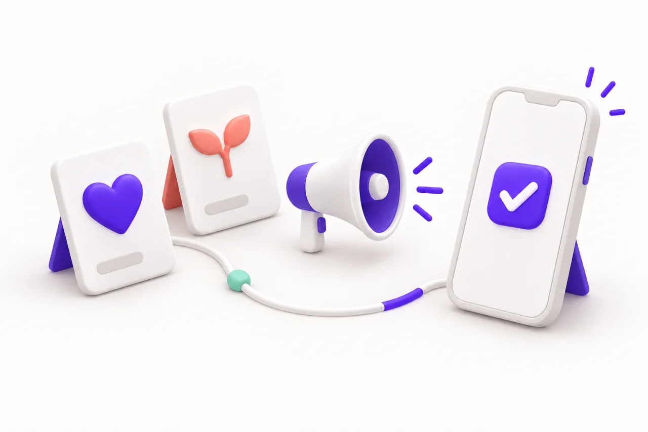 Two app creative cards and a little white megaphone connect to a phone displaying a confirmed outcome.