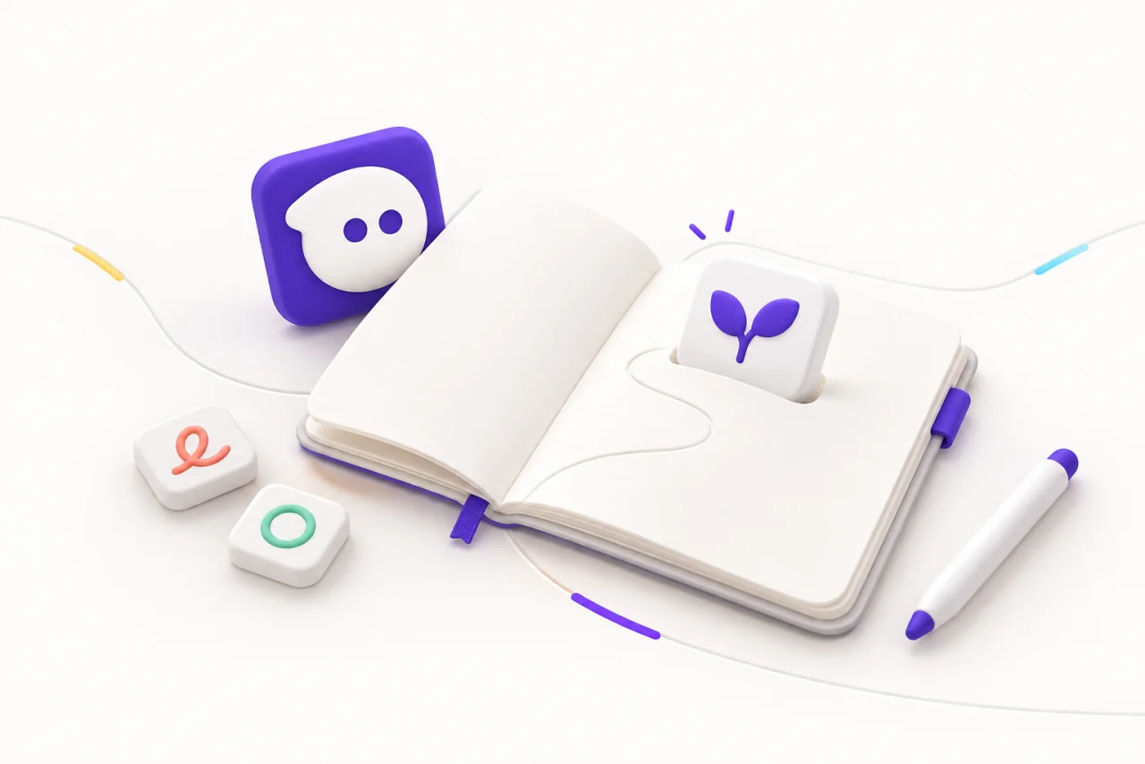 A purple sprout app tile emerges from a white notebook while the small Piiko character peeks around the page.