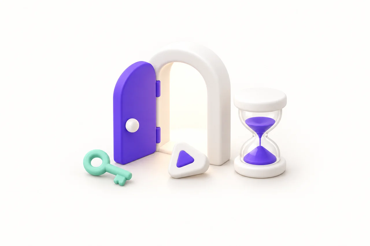 A rounded white doorway with an open purple door, beside a mint key, a white play token and a white hourglass filled with purple sand.