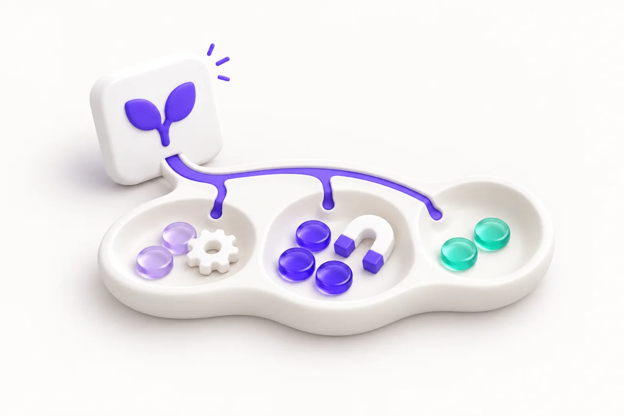 A white app tile feeds three small trays: a gear for service costs, a magnet for acquisition, and mint tokens for what remains.
