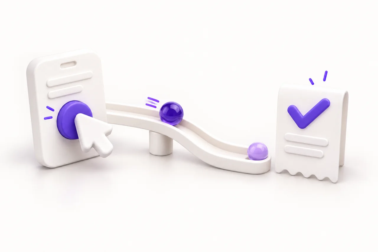 A pointer taps a purple app button; a marble track leads toward a receipt marked with a check.
