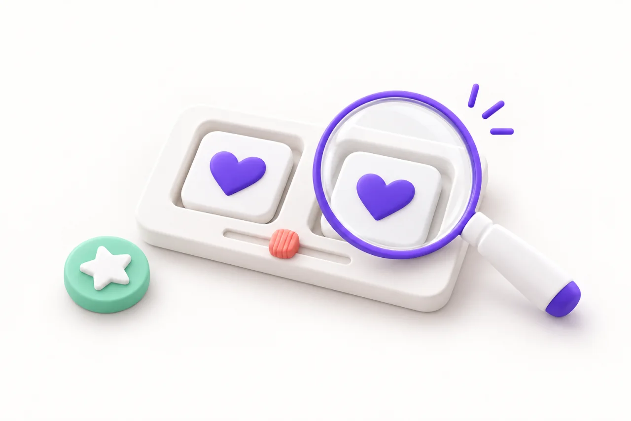 A magnifying glass examines two app tiles with matching hearts; a different round star token sits outside their frame.