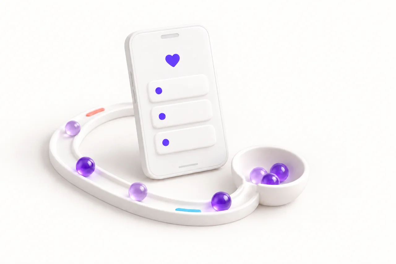 Purple glass marbles follow a looping track around a white mobile app and collect in a small bowl.
