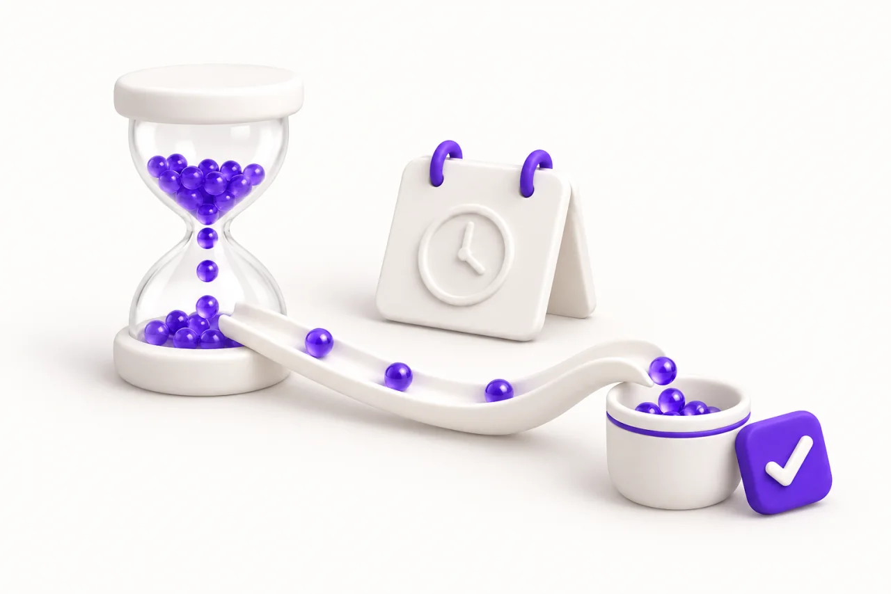Purple marbles pass through an hourglass and along a track toward a collection cup, beside a small calendar clock.