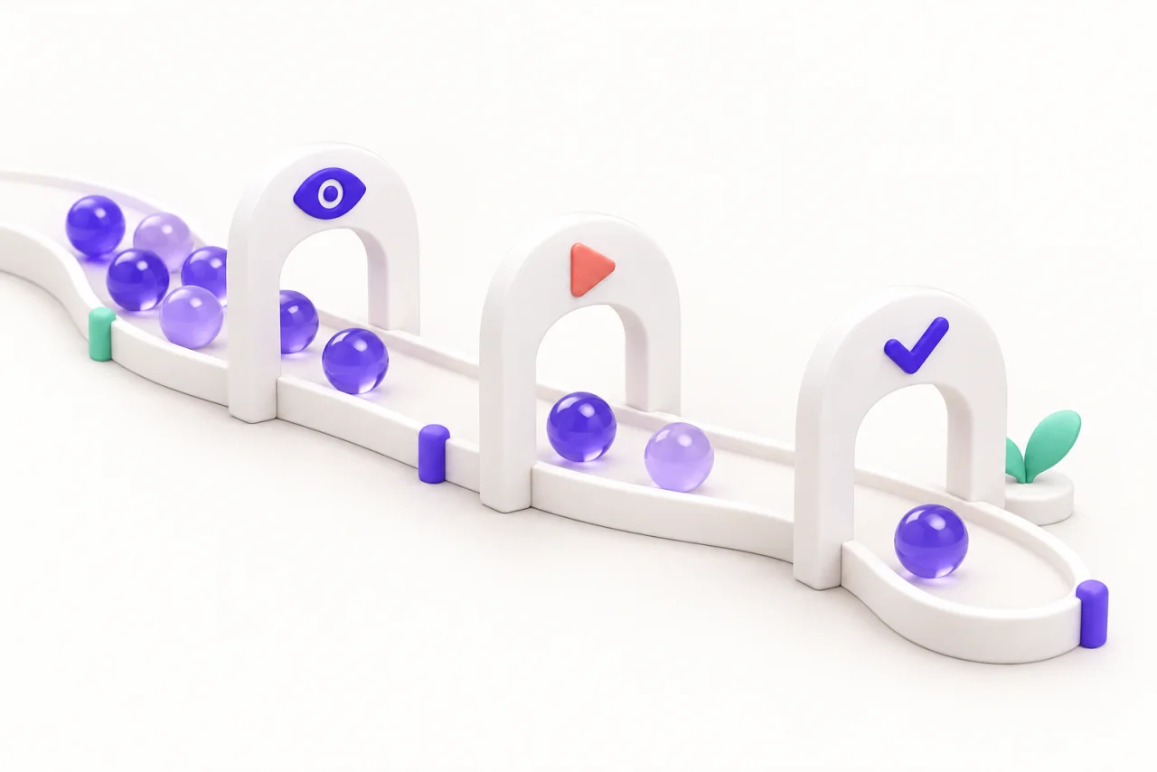 Glass marbles move through three white gates marked with an eye, a play symbol, and a checkmark.