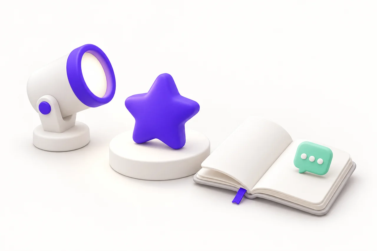 A white toy spotlight with a purple rim faces a purple star on a white plinth, beside an open white book with a mint speech bubble.
