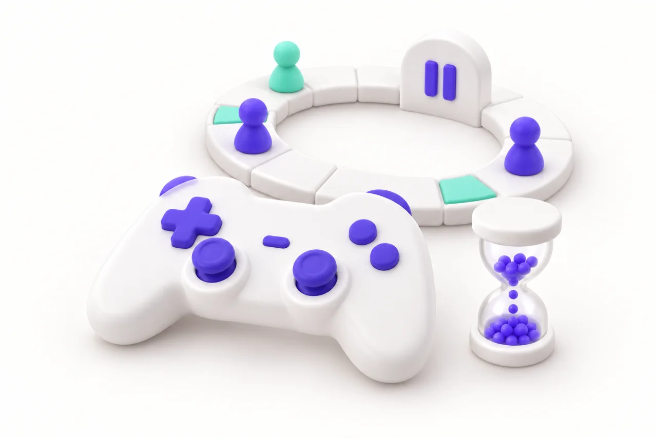 A white toy controller sits beside an hourglass of purple beads and a circular track with purple and mint pawns and a pause gate.