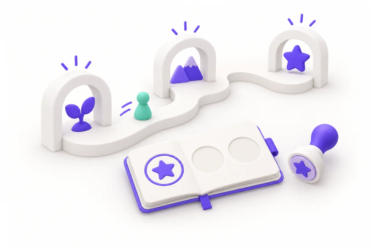 A mint pawn follows a white path through arches holding a purple sprout, mountains and star, beside a small stamp booklet.