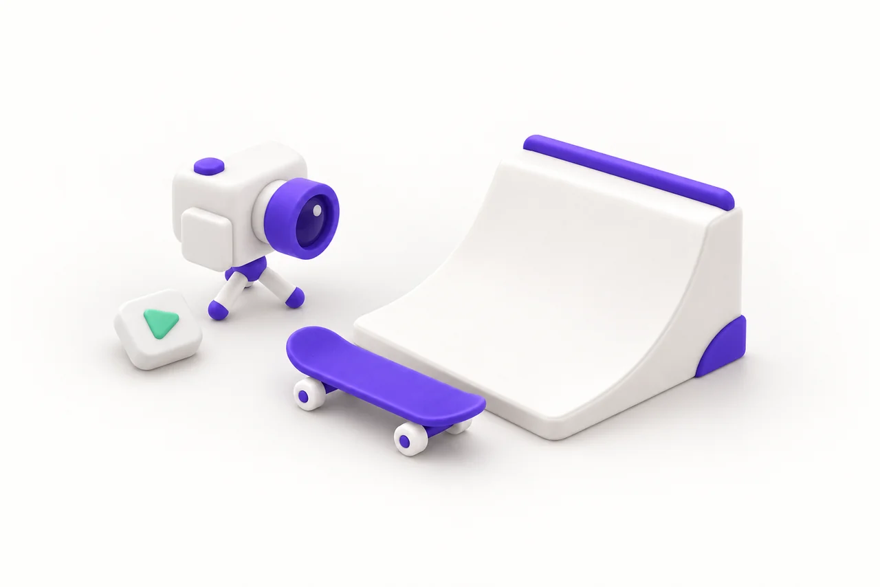 A purple toy skateboard rests beside a white skate ramp and a white camera with a purple lens, with a small mint play token nearby.