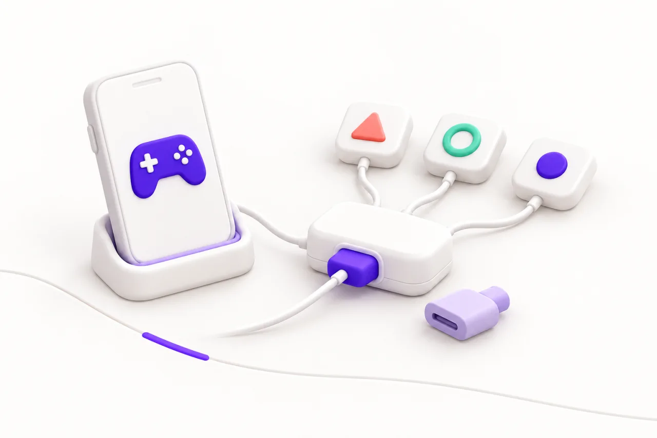 A white game phone and three small module tiles connect through a hub with a purple plug; a spare lilac connector rests beside it.