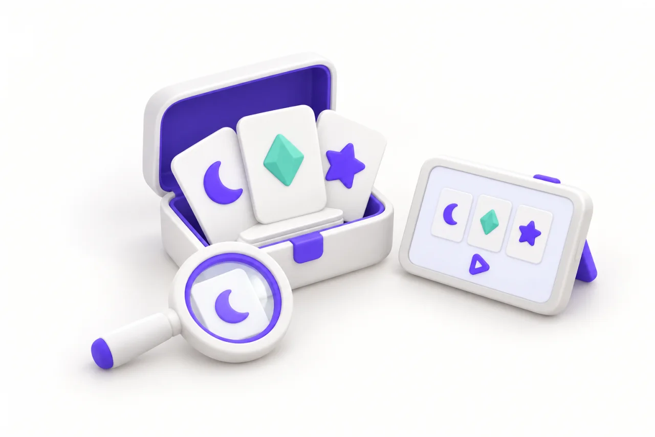 An open white game box holds purple and mint playing cards beside a landscape toy phone and a white magnifying glass with a purple rim.