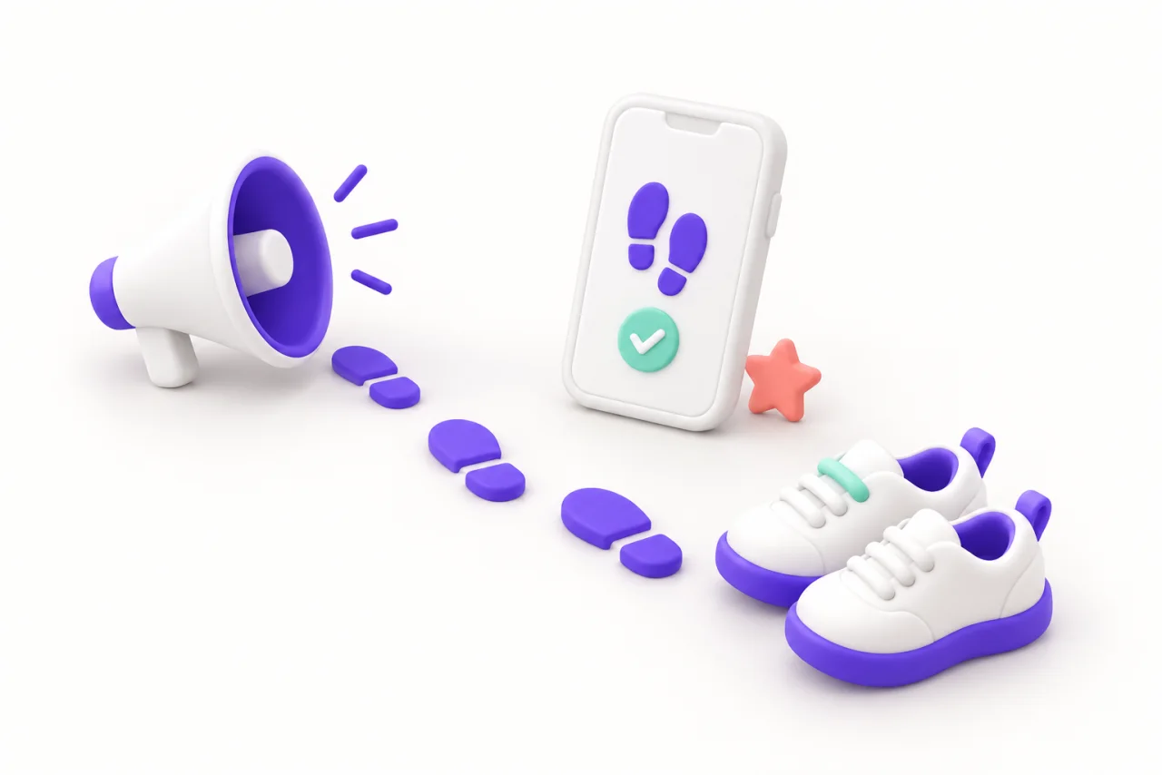 Purple footprints connect a white megaphone, a phone with a step symbol, and a pair of white sneakers with purple soles.