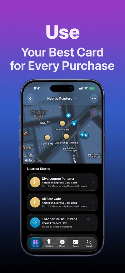 CardPointers publisher screenshot showing a map and nearby stores, with a suggested card beneath each store name.
