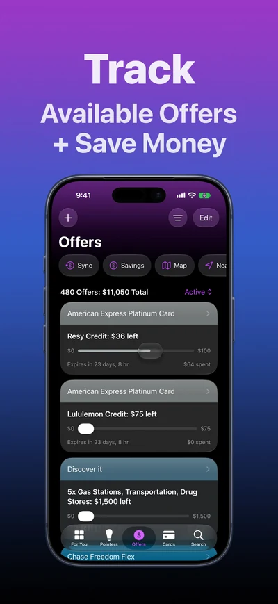 CardPointers publisher screenshot showing an Offers list with remaining credit, progress indicators and expiration times.