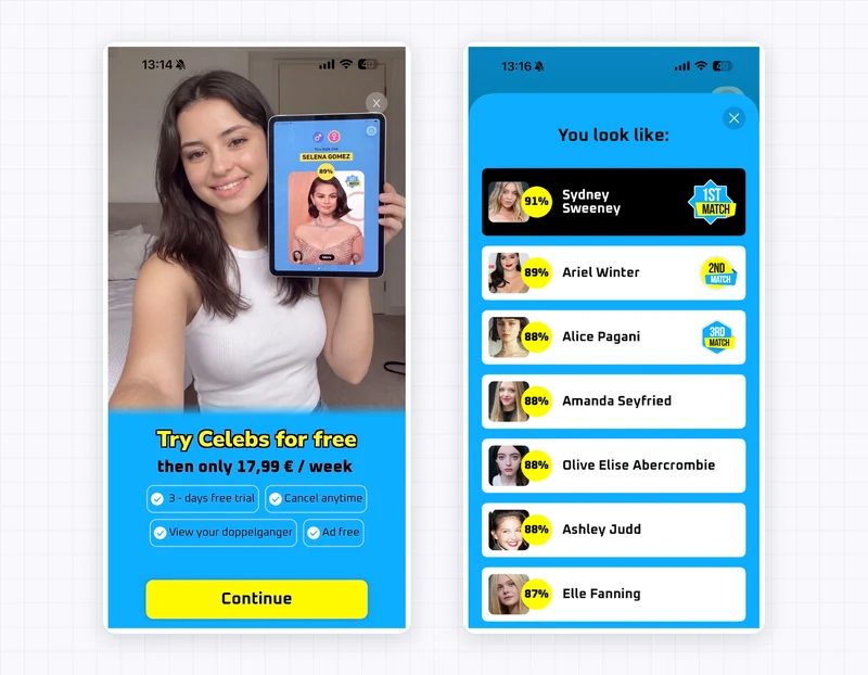 Two Celebs screens reproduced in the interview: a blue trial offer on the left and a ranked list of celebrity matches on the right.
