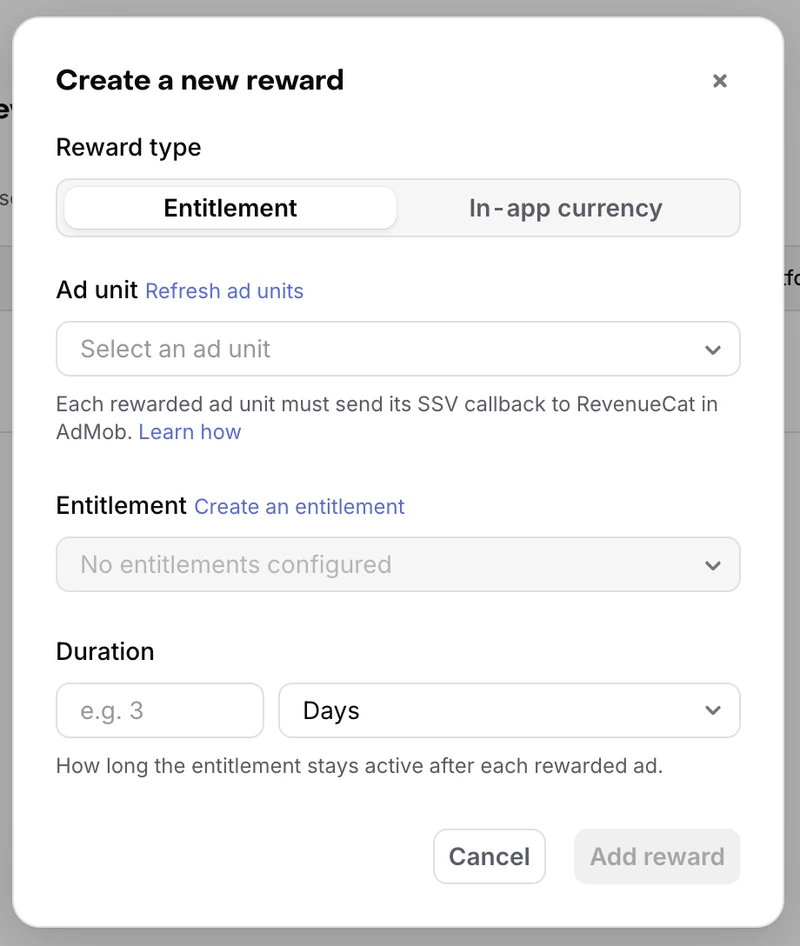 RevenueCat reward dialog with Entitlement selected and separate fields for ad unit, entitlement and duration. The duration unit displays Days.