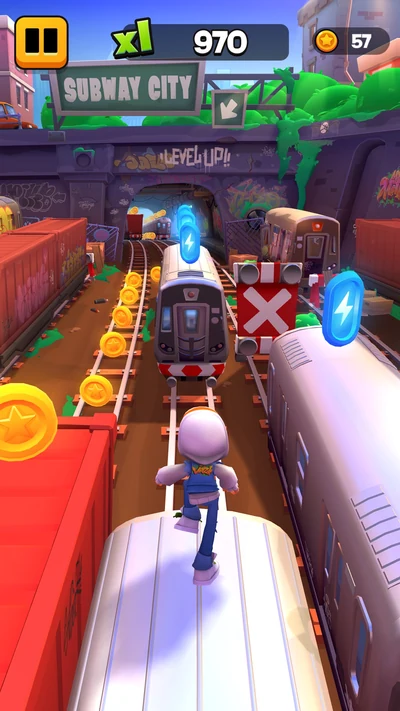 Official Subway Surfers City screenshot showing a runner between trains, coins on the left, blue battery pickups and a red barrier ahead.