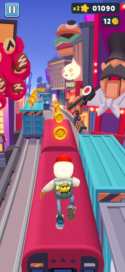 Official Subway Surfers screenshot showing a runner on a red train, a trail of coins and another train ahead on the tracks.